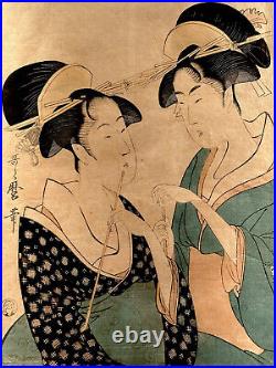 18th Century Kitagawa Utamaro Antique Japanese Woodblock Print, Two Women