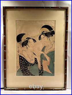 18th Century Kitagawa Utamaro Antique Japanese Woodblock Print, Two Women