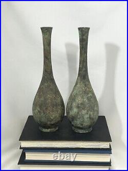 20th Century JAPANESE BRONZE BOTTLE VASES patinated 9 Ht Pair Of 2
