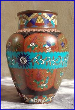 20th Century Pair Meiji Japanese Antique Cloisonne Enamel Baluster Vases 21.5 cm