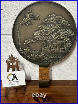 Antique 19th Century Japanese Bronze Kagami Hand Mirror Decorated with Cranes