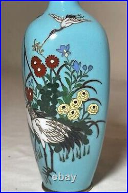 Antique 19th century Japanese Meiji cloiosnne miniature enamel crane blue vase
