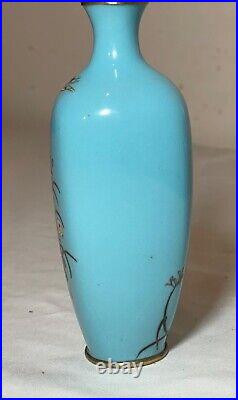 Antique 19th century Japanese Meiji cloiosnne miniature enamel crane blue vase