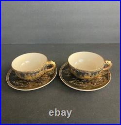 Antique 19th century Japanese Satsuma Hodota black & gold cup and saucer 2 set