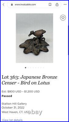 Antique Chinese/Japanese 19th Century Bronze Censer, Bird On lotus