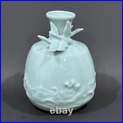 Antique Early 20th Century Japanese Studio Celadon Vase Two Geese Ocean Relief