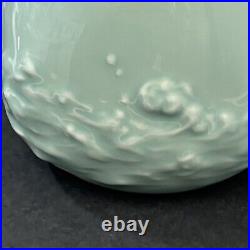 Antique Early 20th Century Japanese Studio Celadon Vase Two Geese Ocean Relief